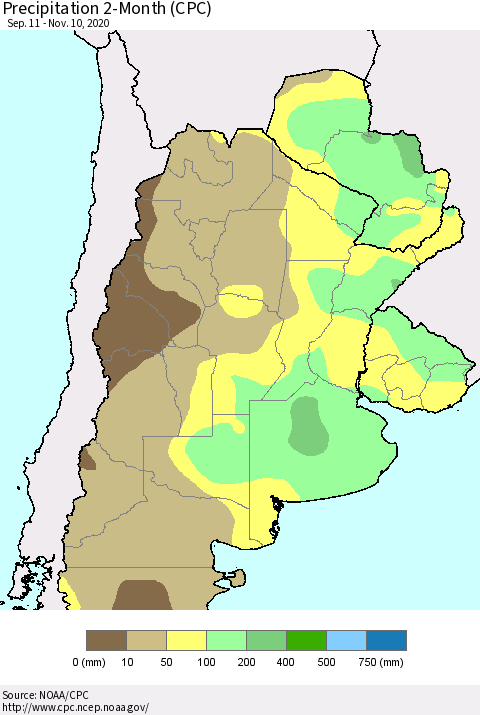 Southern South America Precipitation 2-Month (CPC) Thematic Map For 9/11/2020 - 11/10/2020