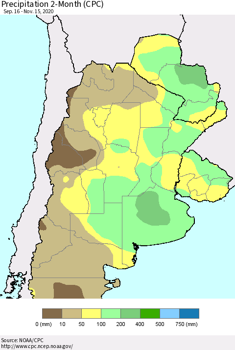 Southern South America Precipitation 2-Month (CPC) Thematic Map For 9/16/2020 - 11/15/2020