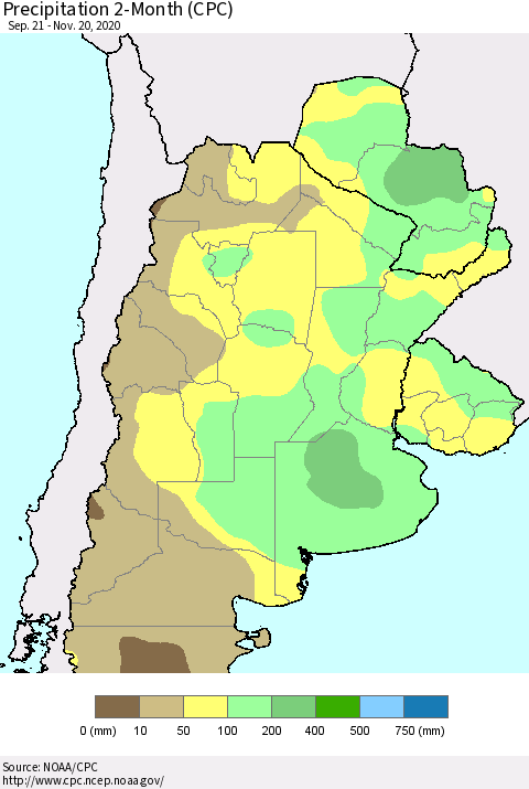 Southern South America Precipitation 2-Month (CPC) Thematic Map For 9/21/2020 - 11/20/2020