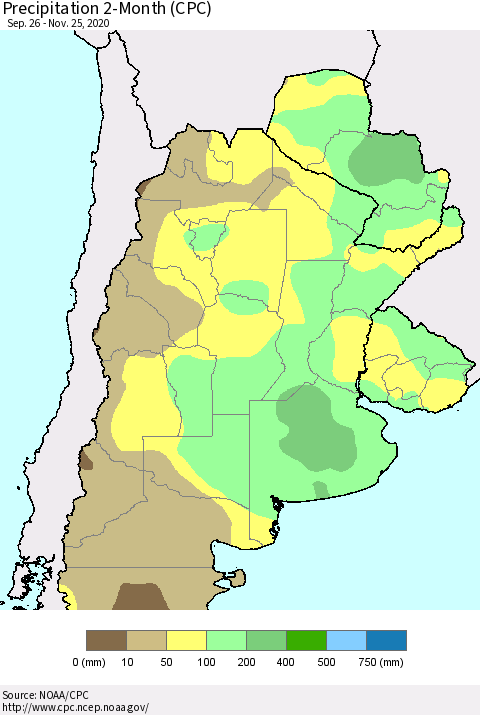 Southern South America Precipitation 2-Month (CPC) Thematic Map For 9/26/2020 - 11/25/2020