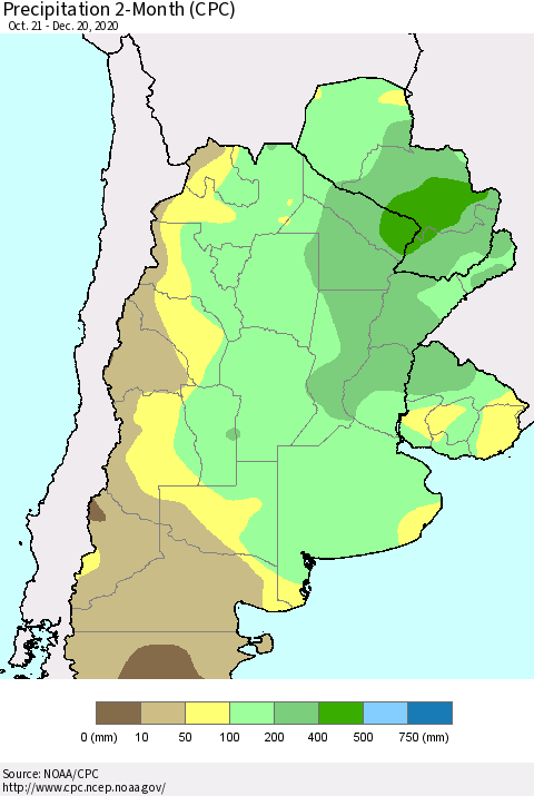 Southern South America Precipitation 2-Month (CPC) Thematic Map For 10/21/2020 - 12/20/2020