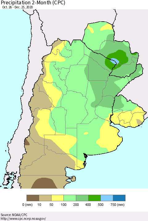 Southern South America Precipitation 2-Month (CPC) Thematic Map For 10/26/2020 - 12/25/2020