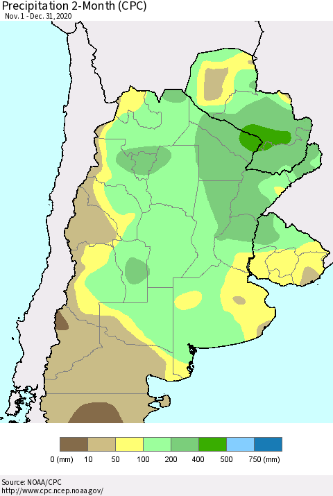 Southern South America Precipitation 2-Month (CPC) Thematic Map For 11/1/2020 - 12/31/2020