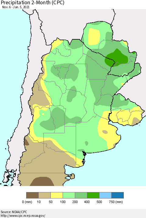 Southern South America Precipitation 2-Month (CPC) Thematic Map For 11/6/2020 - 1/5/2021
