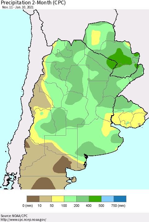 Southern South America Precipitation 2-Month (CPC) Thematic Map For 11/11/2020 - 1/10/2021