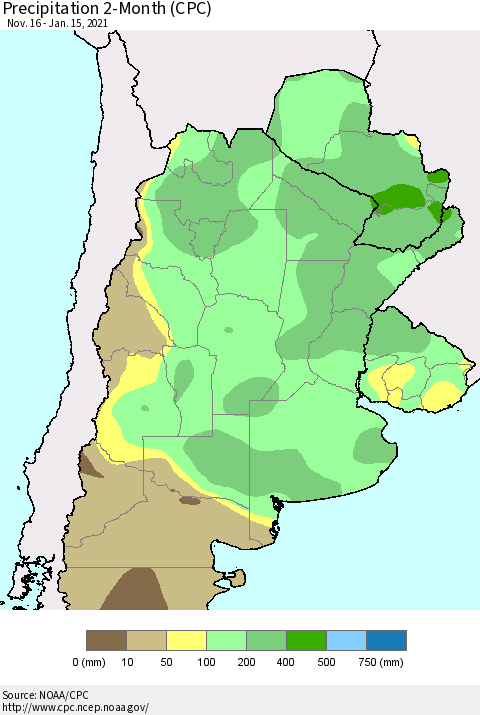 Southern South America Precipitation 2-Month (CPC) Thematic Map For 11/16/2020 - 1/15/2021