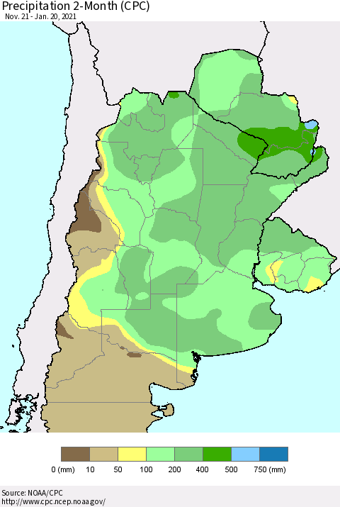 Southern South America Precipitation 2-Month (CPC) Thematic Map For 11/21/2020 - 1/20/2021