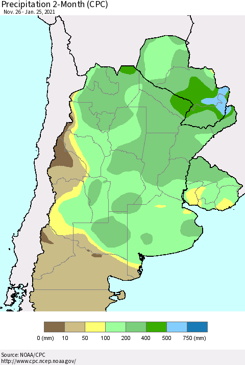 Southern South America Precipitation 2-Month (CPC) Thematic Map For 11/26/2020 - 1/25/2021