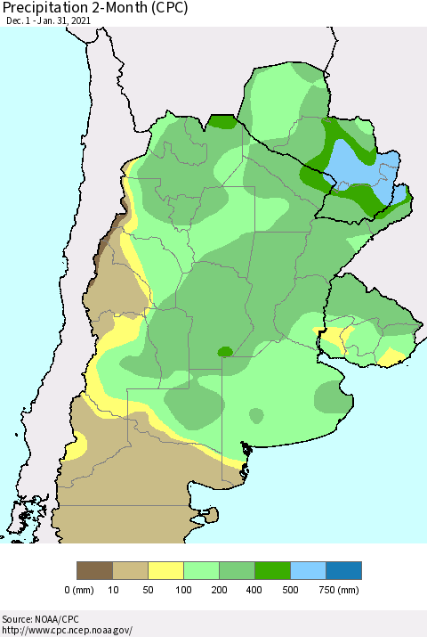 Southern South America Precipitation 2-Month (CPC) Thematic Map For 12/1/2020 - 1/31/2021