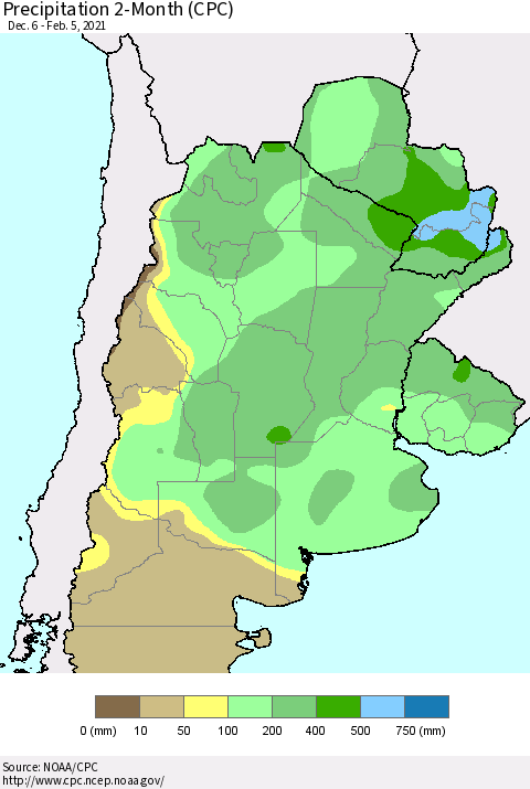 Southern South America Precipitation 2-Month (CPC) Thematic Map For 12/6/2020 - 2/5/2021