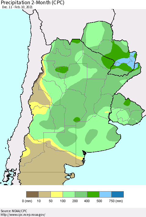 Southern South America Precipitation 2-Month (CPC) Thematic Map For 12/11/2020 - 2/10/2021