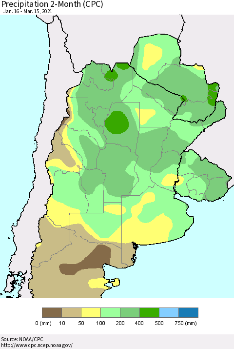 Southern South America Precipitation 2-Month (CPC) Thematic Map For 1/16/2021 - 3/15/2021