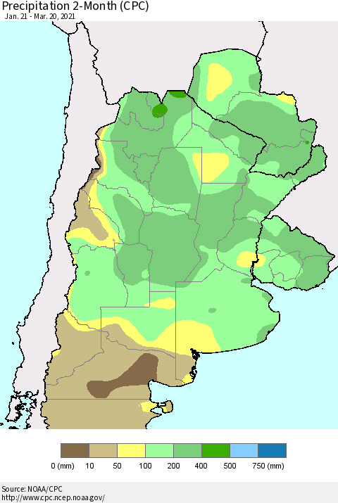 Southern South America Precipitation 2-Month (CPC) Thematic Map For 1/21/2021 - 3/20/2021