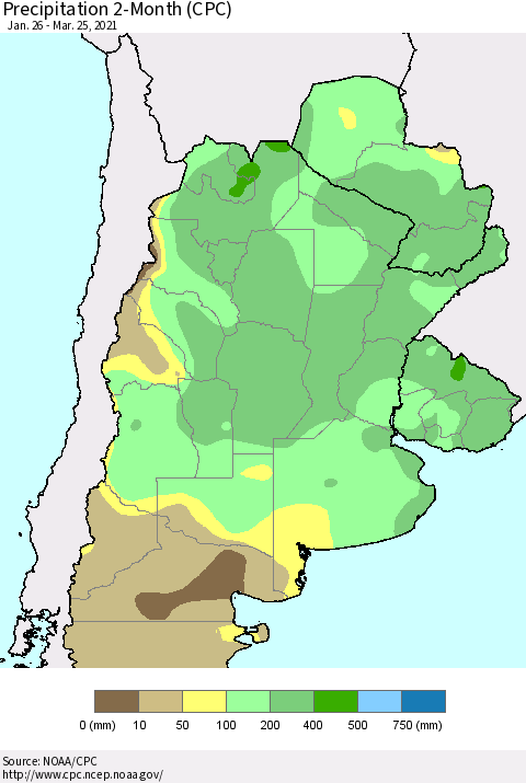 Southern South America Precipitation 2-Month (CPC) Thematic Map For 1/26/2021 - 3/25/2021