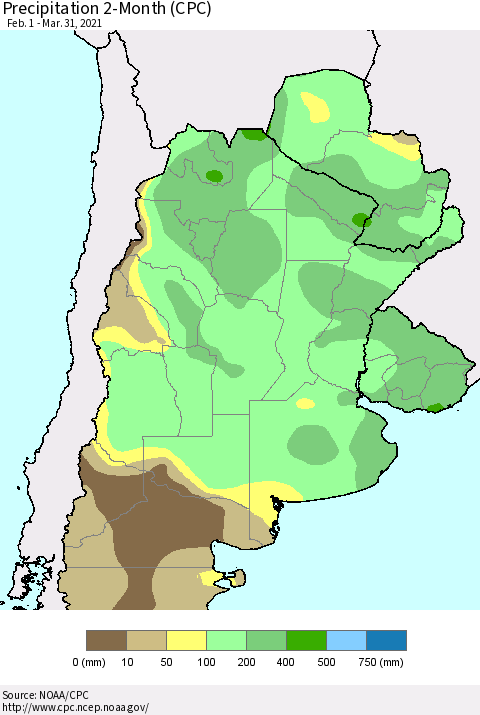 Southern South America Precipitation 2-Month (CPC) Thematic Map For 2/1/2021 - 3/31/2021