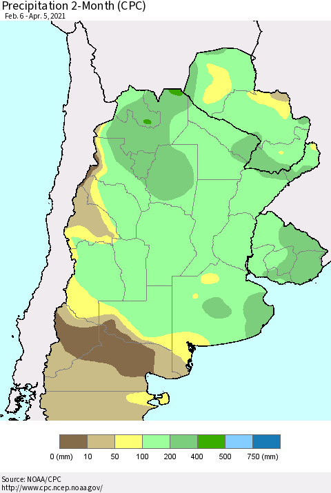 Southern South America Precipitation 2-Month (CPC) Thematic Map For 2/6/2021 - 4/5/2021