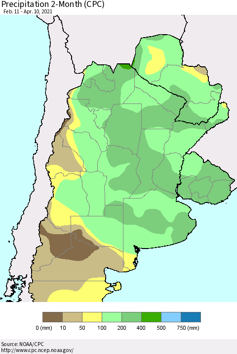 Southern South America Precipitation 2-Month (CPC) Thematic Map For 2/11/2021 - 4/10/2021