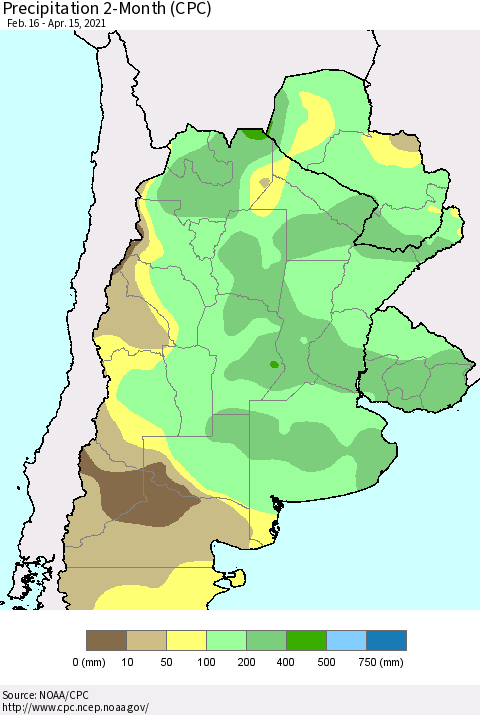 Southern South America Precipitation 2-Month (CPC) Thematic Map For 2/16/2021 - 4/15/2021