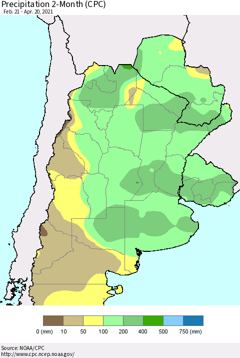 Southern South America Precipitation 2-Month (CPC) Thematic Map For 2/21/2021 - 4/20/2021