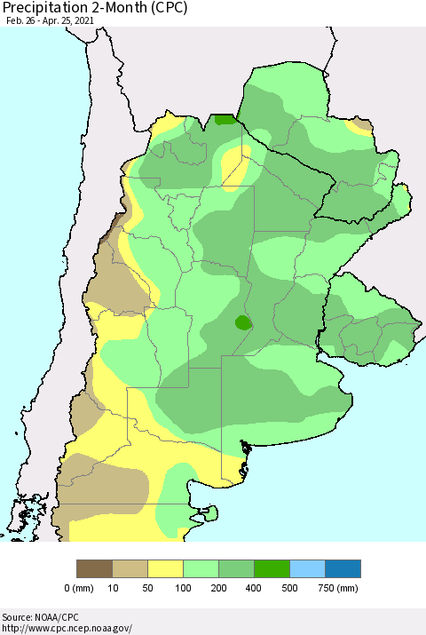 Southern South America Precipitation 2-Month (CPC) Thematic Map For 2/26/2021 - 4/25/2021