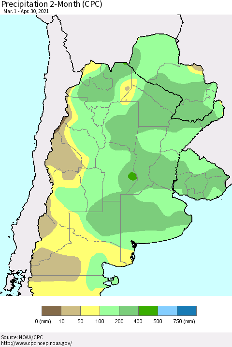 Southern South America Precipitation 2-Month (CPC) Thematic Map For 3/1/2021 - 4/30/2021