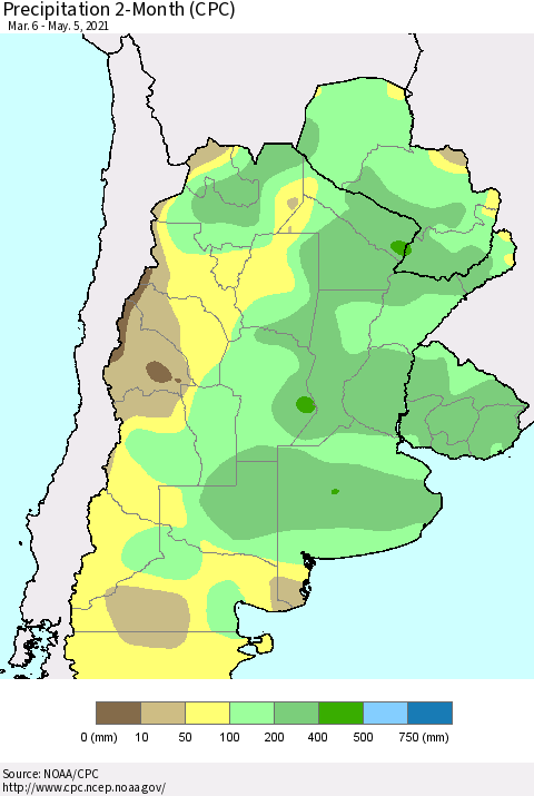 Southern South America Precipitation 2-Month (CPC) Thematic Map For 3/6/2021 - 5/5/2021
