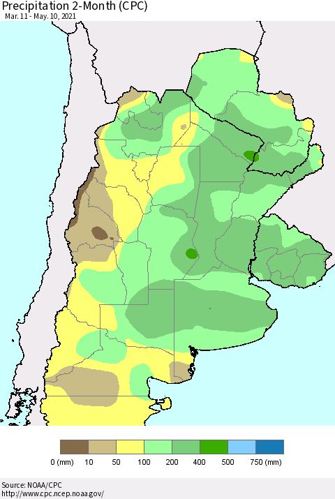 Southern South America Precipitation 2-Month (CPC) Thematic Map For 3/11/2021 - 5/10/2021