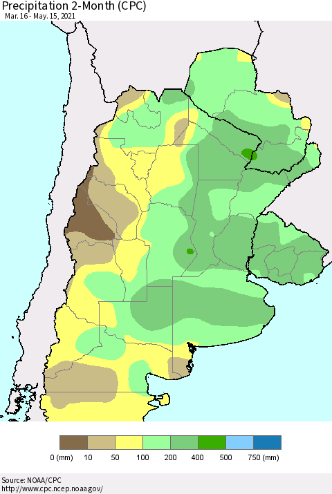 Southern South America Precipitation 2-Month (CPC) Thematic Map For 3/16/2021 - 5/15/2021