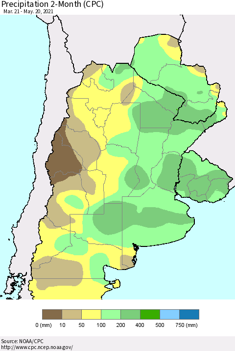 Southern South America Precipitation 2-Month (CPC) Thematic Map For 3/21/2021 - 5/20/2021