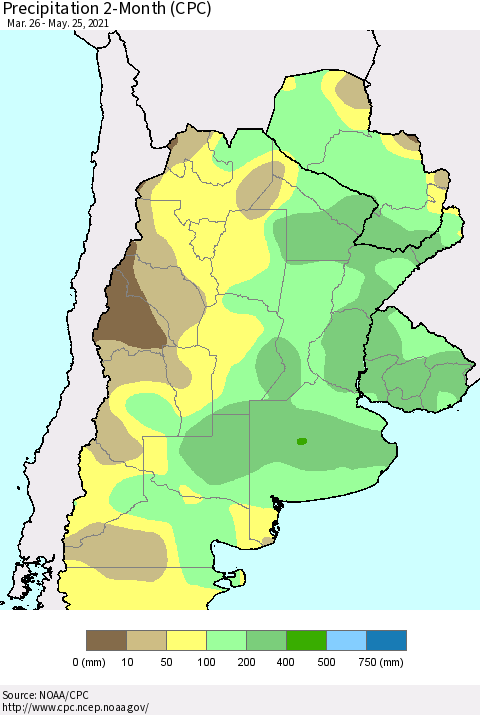Southern South America Precipitation 2-Month (CPC) Thematic Map For 3/26/2021 - 5/25/2021