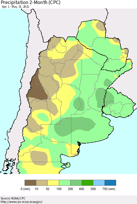 Southern South America Precipitation 2-Month (CPC) Thematic Map For 4/1/2021 - 5/31/2021