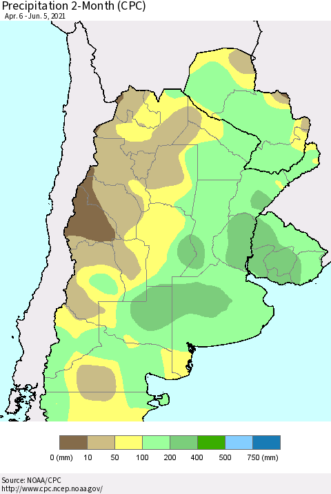 Southern South America Precipitation 2-Month (CPC) Thematic Map For 4/6/2021 - 6/5/2021