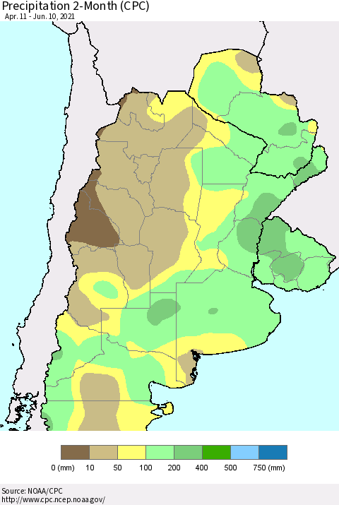 Southern South America Precipitation 2-Month (CPC) Thematic Map For 4/11/2021 - 6/10/2021