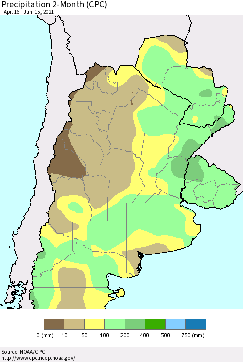 Southern South America Precipitation 2-Month (CPC) Thematic Map For 4/16/2021 - 6/15/2021