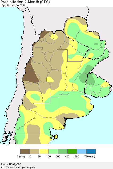 Southern South America Precipitation 2-Month (CPC) Thematic Map For 4/21/2021 - 6/20/2021