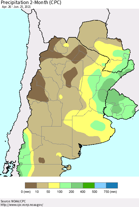 Southern South America Precipitation 2-Month (CPC) Thematic Map For 4/26/2021 - 6/25/2021