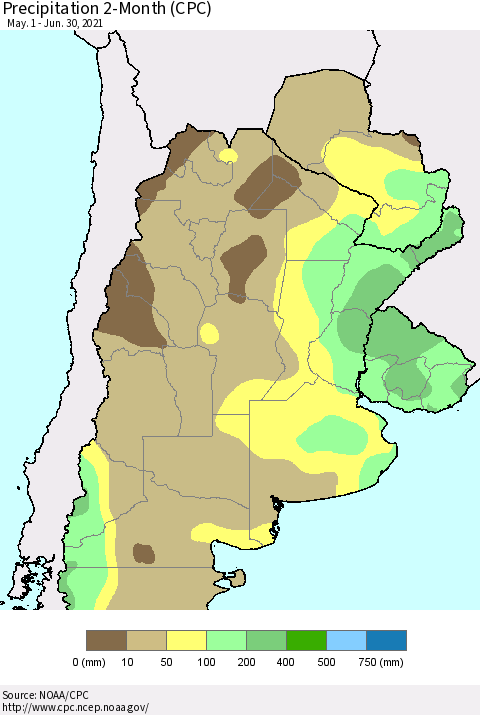 Southern South America Precipitation 2-Month (CPC) Thematic Map For 5/1/2021 - 6/30/2021