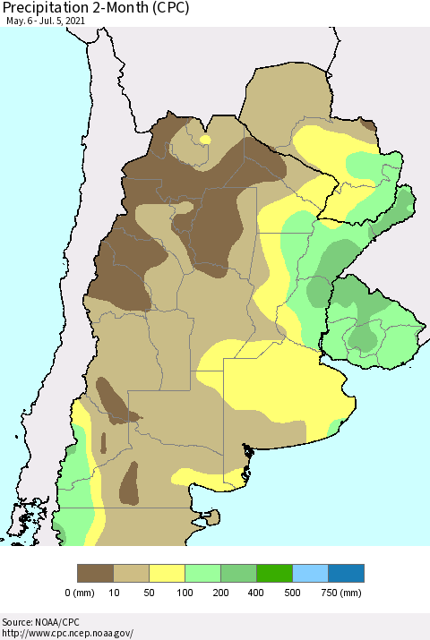 Southern South America Precipitation 2-Month (CPC) Thematic Map For 5/6/2021 - 7/5/2021