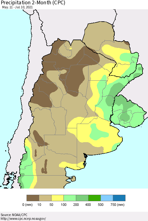 Southern South America Precipitation 2-Month (CPC) Thematic Map For 5/11/2021 - 7/10/2021