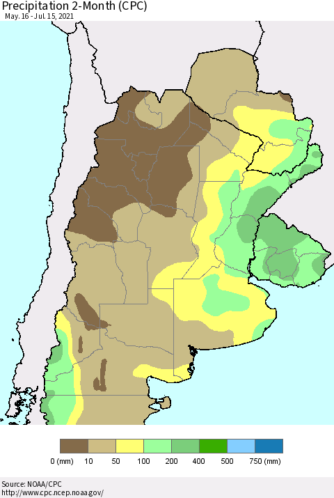 Southern South America Precipitation 2-Month (CPC) Thematic Map For 5/16/2021 - 7/15/2021