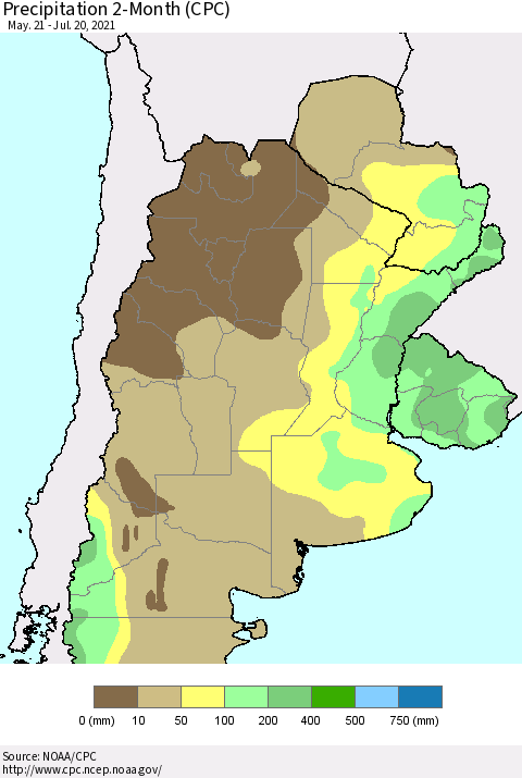 Southern South America Precipitation 2-Month (CPC) Thematic Map For 5/21/2021 - 7/20/2021