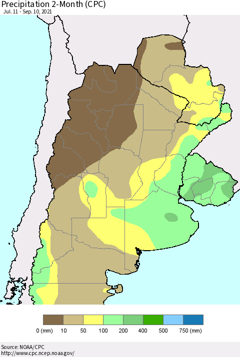 Southern South America Precipitation 2-Month (CPC) Thematic Map For 7/11/2021 - 9/10/2021