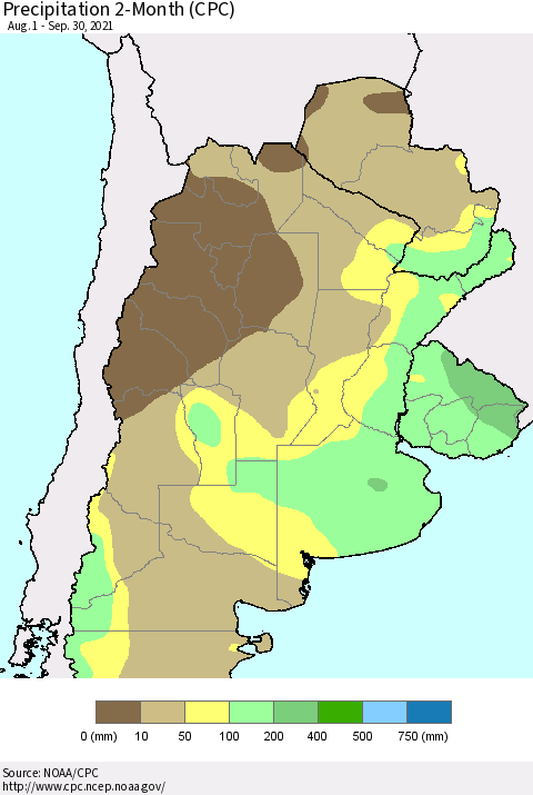 Southern South America Precipitation 2-Month (CPC) Thematic Map For 8/1/2021 - 9/30/2021
