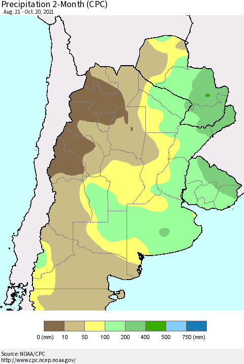 Southern South America Precipitation 2-Month (CPC) Thematic Map For 8/21/2021 - 10/20/2021