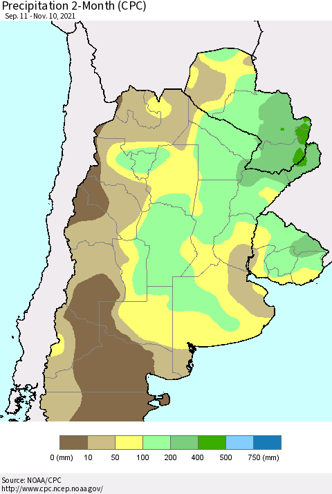 Southern South America Precipitation 2-Month (CPC) Thematic Map For 9/11/2021 - 11/10/2021
