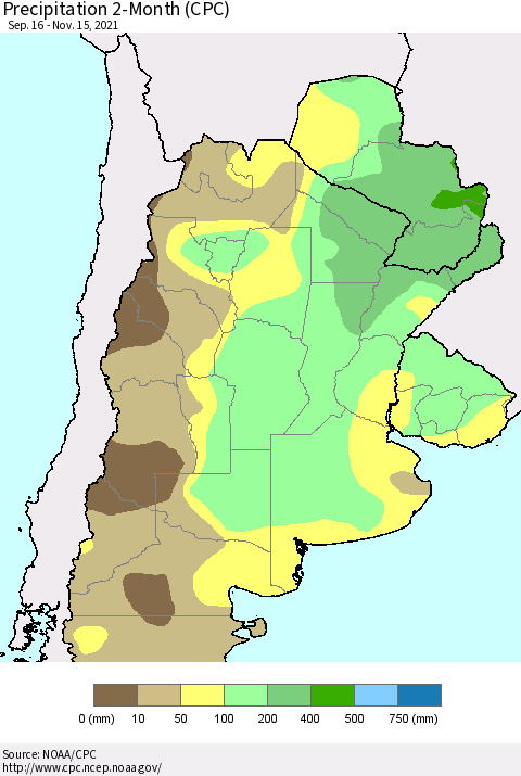 Southern South America Precipitation 2-Month (CPC) Thematic Map For 9/16/2021 - 11/15/2021
