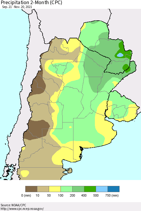 Southern South America Precipitation 2-Month (CPC) Thematic Map For 9/21/2021 - 11/20/2021