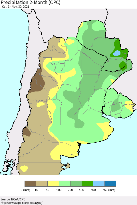 Southern South America Precipitation 2-Month (CPC) Thematic Map For 10/1/2021 - 11/30/2021