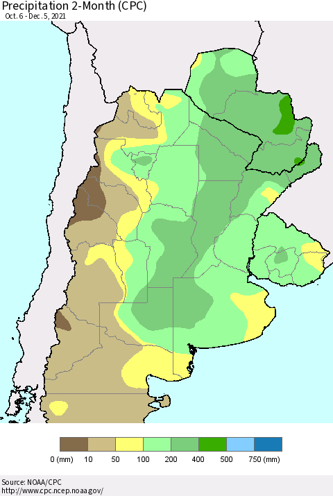 Southern South America Precipitation 2-Month (CPC) Thematic Map For 10/6/2021 - 12/5/2021
