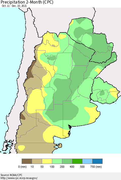 Southern South America Precipitation 2-Month (CPC) Thematic Map For 10/11/2021 - 12/10/2021